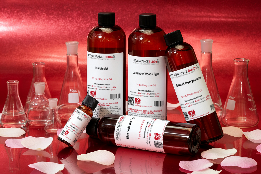 Collection of fragrance bottles and lab equipment on a red background